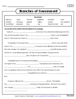 Branches of Government Cloze Activity Worksheet