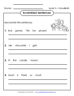 Scrambled Sentences (A-Hanukkah)  Spelling A Worksheet