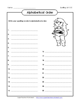 ABC Order: Write List (E-22) Spelling E Worksheet