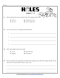 Questions for Chapters 7-13 Book Holes Worksheet