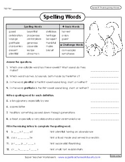 Question Worksheet (Thanksgiving) Free Spelling F Worksheet