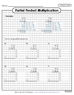 Partial Products Graph Paper (2-Digit by 2-Digit) Multiplication Worksheet