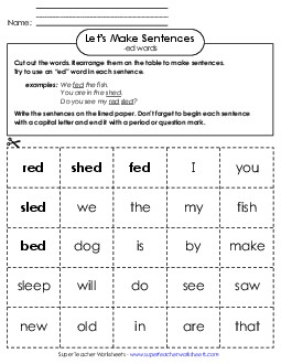 Make Sentences: Word Cards (-ed) Word Families Worksheet