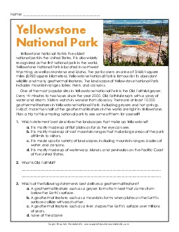 Yellowstone National Park 5th Grade Reading Comprehension Reading Comp Short Worksheet