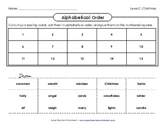 ABC Order: Cut and Glue (C-Christmas)  Spelling C Worksheet