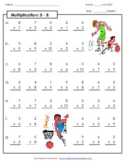 Drill: Basic Facts 0-8 (A) Multiplication Worksheet