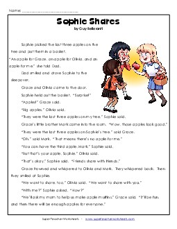 Sophie Shares (Fiction)  1st Grade Reading Comprehension Worksheet