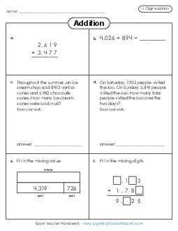 Mixed Skill Practice: 4-Digit Addition Free 3rd Grade 3rd Grade Math Worksheet