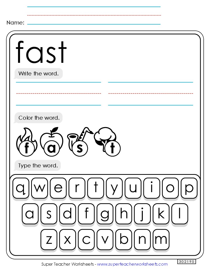 Write, Color, Type: Fast Sight Words Individual Worksheet