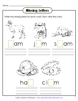 Missing Letters (-am) Word Families Worksheet