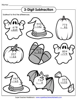 3-Digit Halloween Subtraction Worksheet