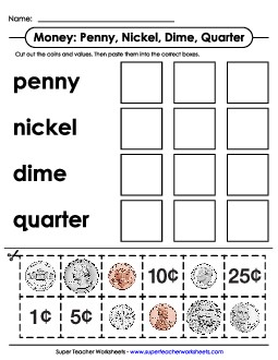 Cut and Glue: Pennies, Nickels, Dimes, Quarters Counting Money Worksheet