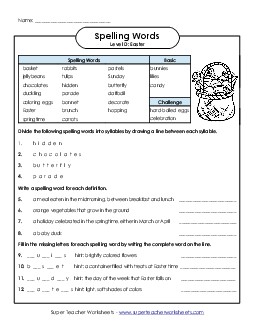 Question Worksheet (D-Easter)  Spelling D Worksheet