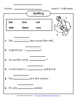 Sentence Completion (A-Halloween)  Spelling A Worksheet