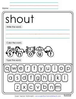 Write, Color, Type: Shout Sight Words Individual Worksheet