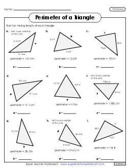 Find the Missing Length on the Triangle (Advanced) Triangles Worksheet