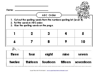 ABC Order: Cut and Glue (B-Number Words)  Spelling B Worksheet