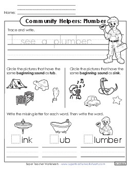 Mixed Literacy Skills: Plumber Community Helpers Worksheet