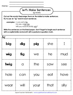 Make Sentences: Word Cards (-ig) Word Families Worksheet