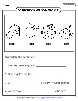 Sentences with Sl- Words  Phonics Blends Worksheet