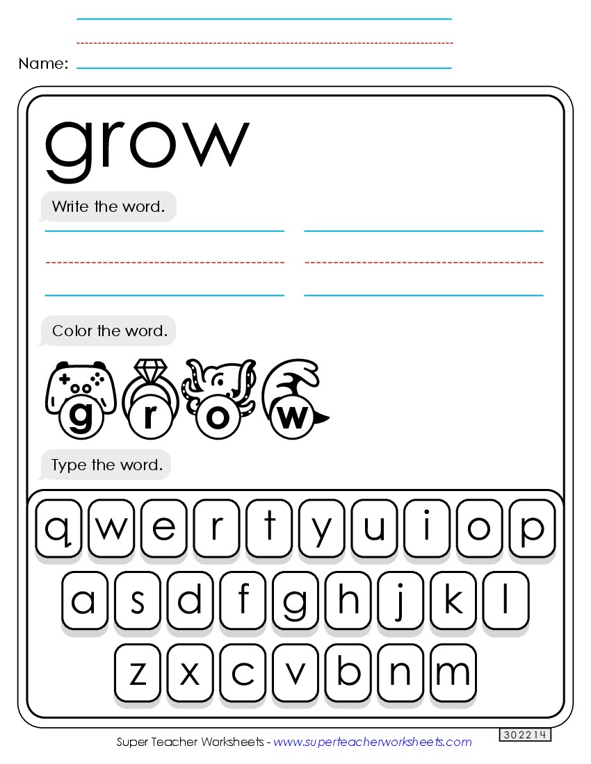 Write, Color, Type: Grow Sight Words Individual Worksheet