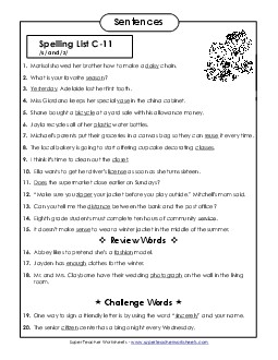 Spelling Test Sentences (C-11) Spelling C Worksheet