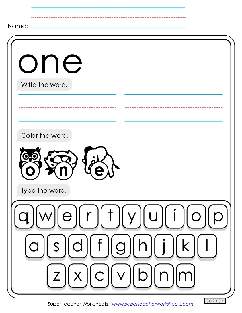 Write, Color, Type: One Sight Words Individual Worksheet