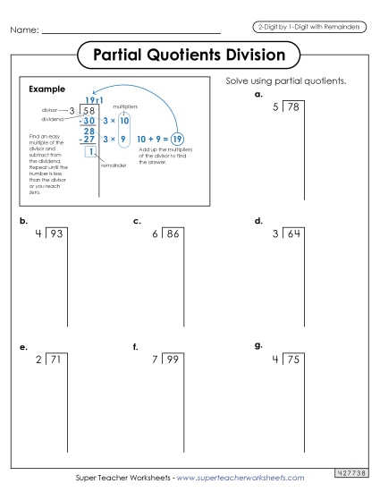 Partial Quotients 2-Digit by 1-Digit Division (with Remainders) Worksheet