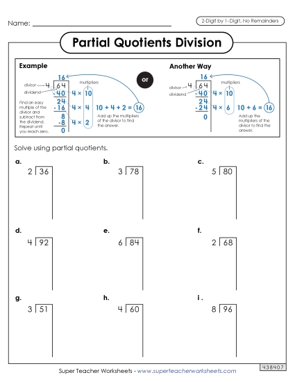 Partial Quotients 2-Digit by 1-Digit Division (No Remainders) Free Worksheet