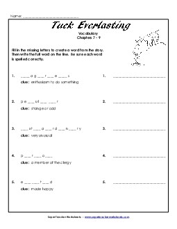 Vocabulary for Chapters 7-9 Book Tuck Everlasting Worksheet