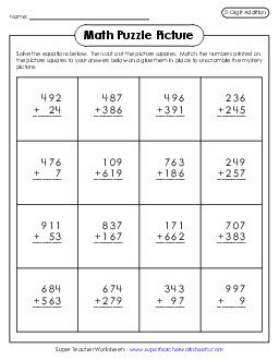 Easter Chick Math Picture Puzzle (3-Digit Addition) Worksheet