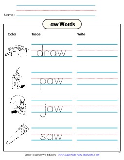 Trace and Write (-aw) Word Families Worksheet