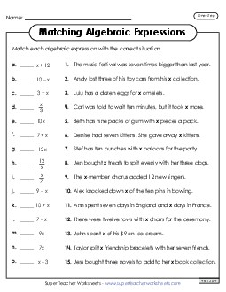 Matching Algebraic Expressions (One Step) Worksheet