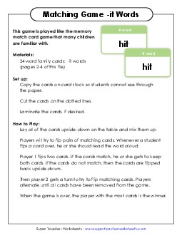 Memory Match Game (-it) Free Word Families Worksheet