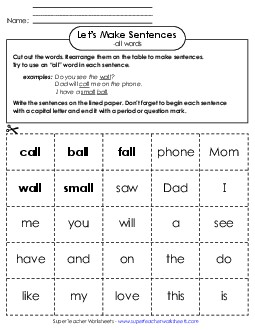 Make Sentences: Word Cards (-all) Word Families Worksheet