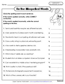 Correct or Incorrect? (Extracurriculars) Free Spelling F Worksheet