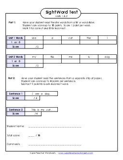 Biweekly Reading Test (Units 1 & 2) Free Sight Words Worksheet