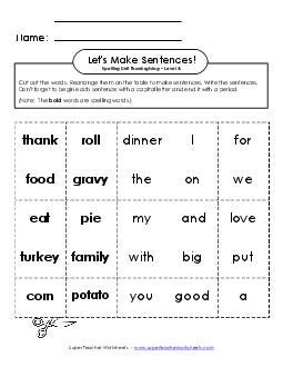 Let\'s Build Sentences (A-Thanksgiving)  Spelling A Worksheet