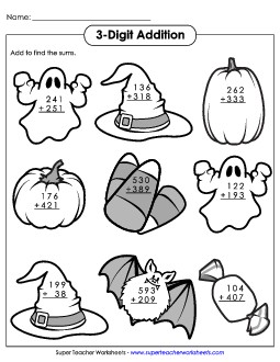 3-Digit Halloween Addition  Worksheet