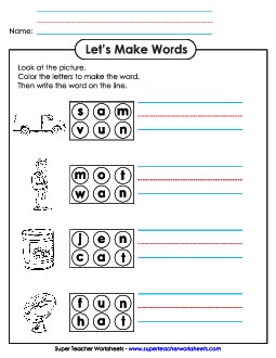 Color the Letters & Write (-an) Word Families Worksheet