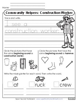 Mixed Literacy Skills: Construction Worker Community Helpers Worksheet