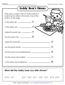 Math Riddle: Teddy Bear Dinner Place Value Worksheet