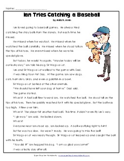 Ian Tries Catching a Baseball 1st Grade Reading Comprehension Worksheet