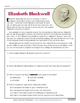 Elizabeth Blackwell (Short Biography) 4th Grade Reading Comprehension Reading Comp Short Worksheet