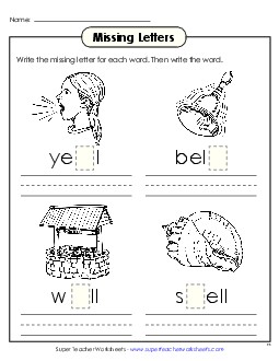 Missing Letters (-ell) Word Families Worksheet