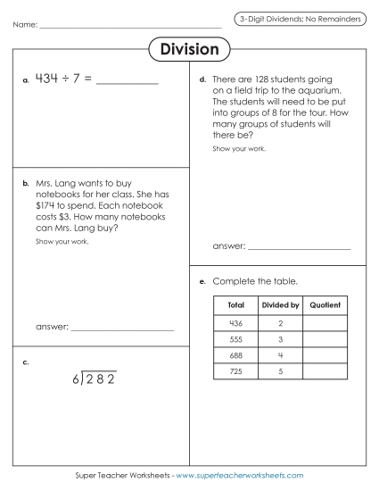 Variety Worksheet: 3-Digit Dividends (No Remainders) Free Division Worksheet