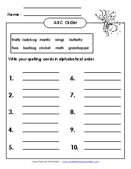 ABC Order: Write List (B-Insect Words)  Spelling B Worksheet