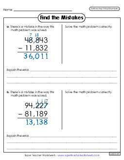 Find the Mistakes Subtraction Worksheet