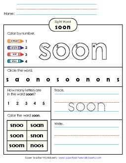 Worksheet 4: Soon Sight Words Individual Worksheet