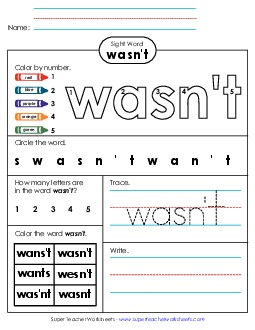 Worksheet 4: Wasn\'t Sight Words Individual Worksheet